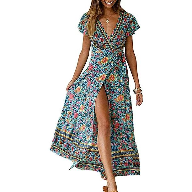 Women's Summer Dresses 2023 Bohemian Maxi Dress Floral Printed Wrap V Neck Short Sleeve Split Bea... | Walmart (US)