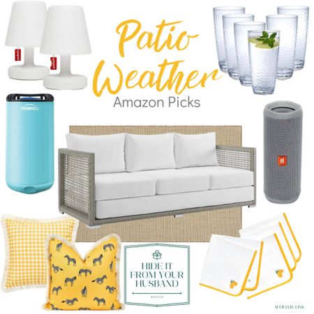 My patio weather picks from Amazon. Lamps, shatterproof glasses, mosquito repellent system (we take it to swim team practice too!), an outdoor speaker, the best outdoor pillows, napkins, and a rug and couch! 

#LTKstyletip #LTKhome #LTKSeasonal