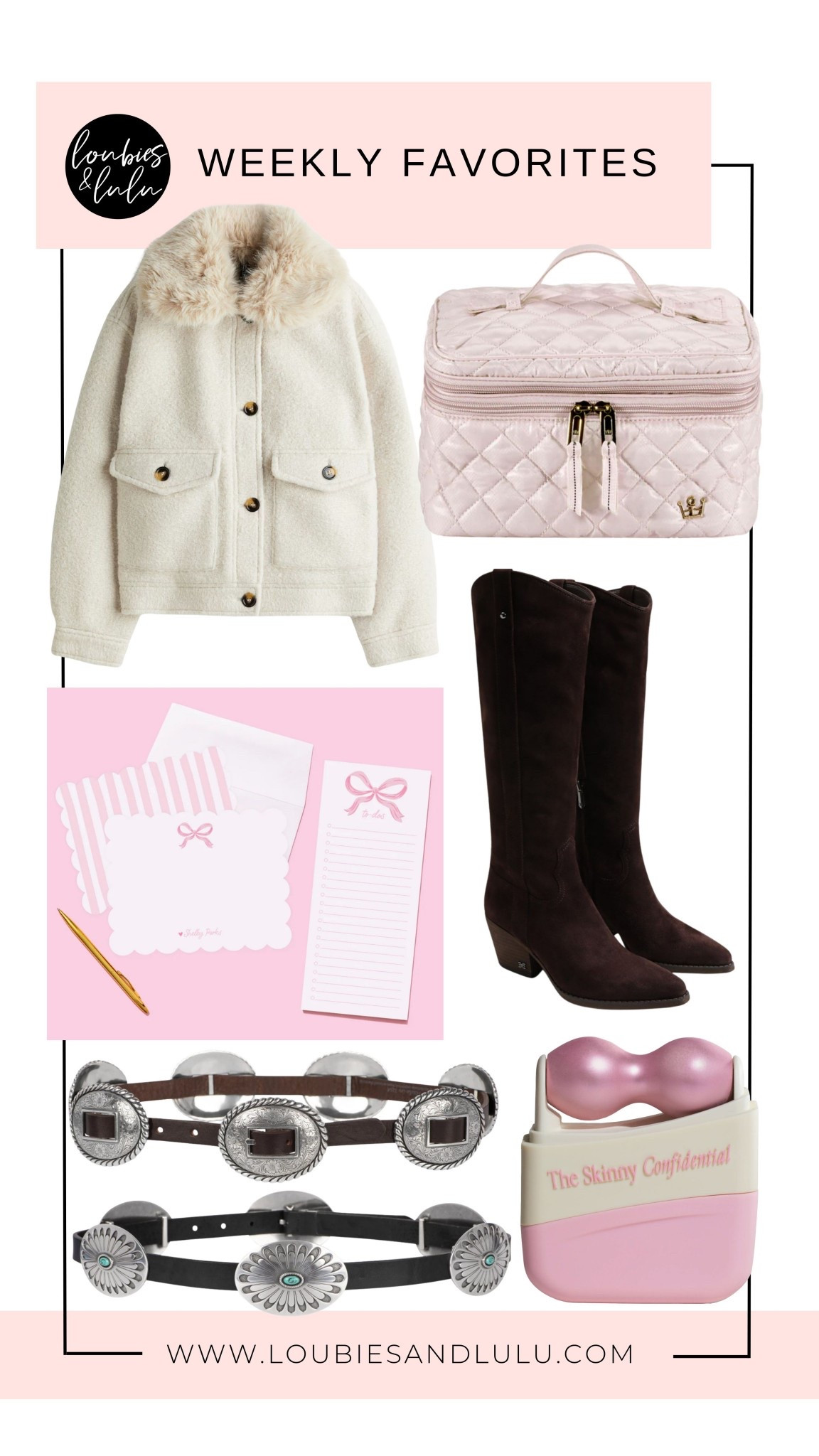 Weekly Picks💕🤠 skinny confidential mint  ice roller (use code andrea15), makeup bag, concho belts under $125, bow stationery (use code andrea10), and suede boots and under $60 coat! 

#LTKFindsUnder50 #LTKBeauty #LTKOver40