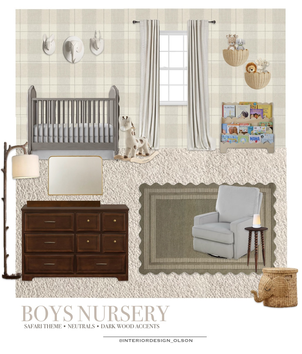 Safari Theme Nursery 

Designing this sweet safari-inspired boys nursery for a dearest best friend who’s expecting her second baby was such a joy. We kept the palette neutral with cozy textures, dark wood accents, and playful animal touches that feel timeless and warm. From the plaid wallpaper to the scalloped rug and rocking giraffe, every detail is meant to feel calming, functional, and full of love.

Everything is linked below so you can shop the full look or recreate it in your own way!

#SafariNursery #NeutralNursery #BoysRoomInspo #NurseryDesign #LTKbaby #NurseryGoals #ClassicNursery #NeutralDecor #BabyBoyNursery #HouseOfOlson #LTKhome #VirtualDesign #InteriorDesignKids

#LTKFamily #LTKBaby #LTKKids