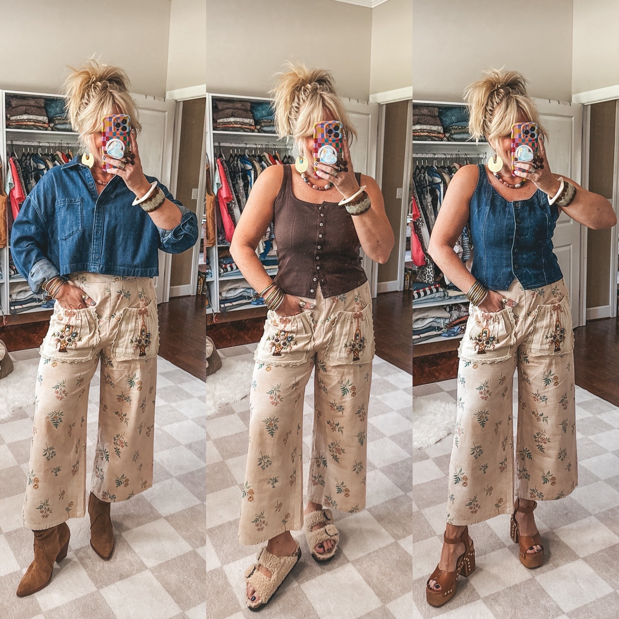 The cutest embroidered front pocket pants! I’m wearing a medium in everything. 
My cropped denim button up is aerie from last year. 
@Natural Life

#LTKOver40