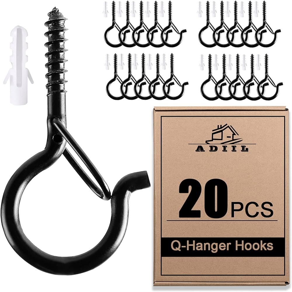 ADIIL 20 PCS Q Hanger Hooks with Safety Buckle, Windproof Screw Hooks for Hanging Outdoor String ... | Amazon (US)