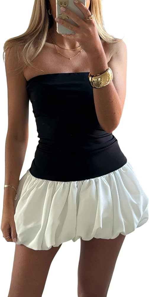 Women Y2k Puff Bubble Dress 2024 Summer Strapless Mini Dress Casual Patchwork Bandeau Tube Corset... | Amazon (US)