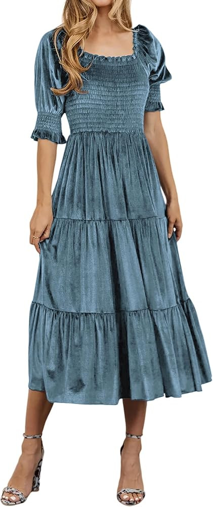 R.Vivimos Womens Fall Winter Velvet Dress Puff Sleeve Square Neck Smocked Tiered Ruffle A-Line Fl... | Amazon (US)