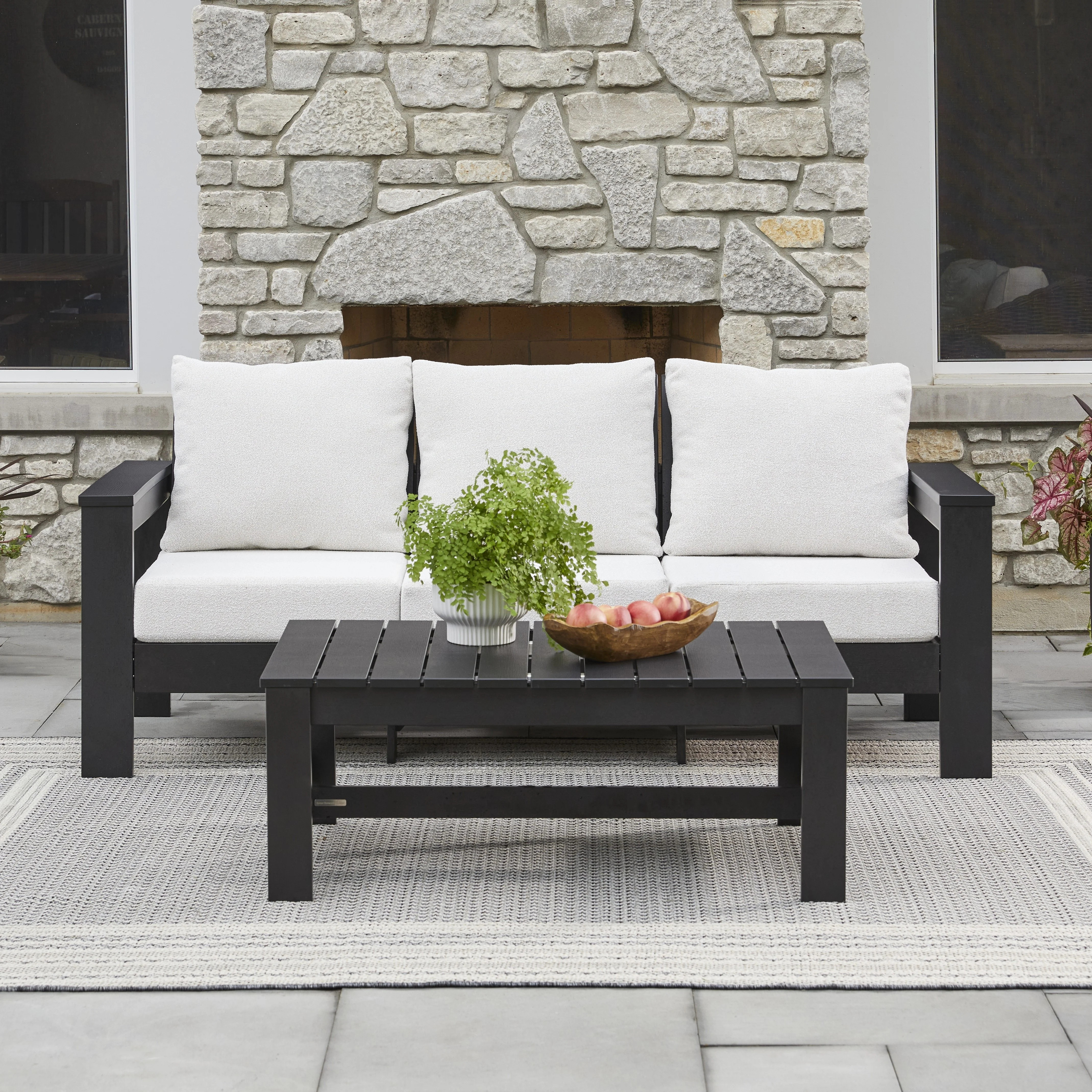 Better Homes & Gardens Ezra Outdoor HDPE Sofa, Black with Cream Boucle Cushions | Walmart (US)