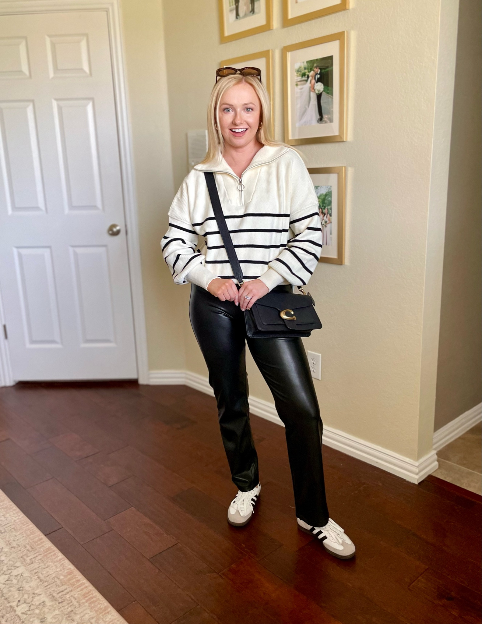 Wearing a 26S in pants and S in top | faux leather pants, leather pants, striped pullover, striped sweater, fall outfit 

#LTKSale #LTKstyletip #LTKSeasonal