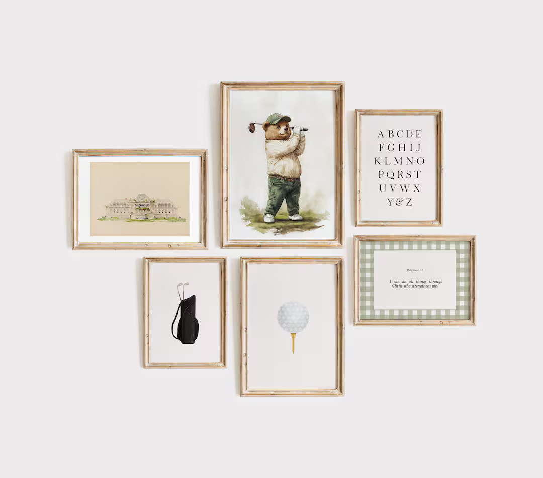 Vintage Golf Teddy Bear Nursery Bible Verse Gallery Wall Art, Sports Playroom Wall Art, Baby Boy ... | Etsy (US)