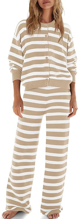 ReachMe Womens Oversized Striped 2 Piece Sets Button Up Cardigan and Wide Leg Pants with Pockets ... | Amazon (US)