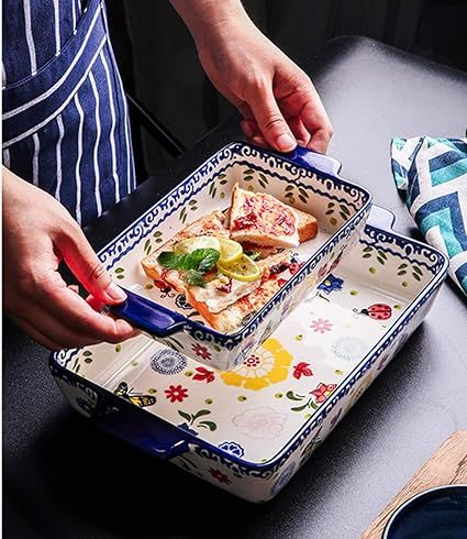 Rectangle Baking Dish,Porcelain Bakeware Set of 2, Floral Pizza Pie Cheese Serving Bakeware Oven ... | Amazon (US)