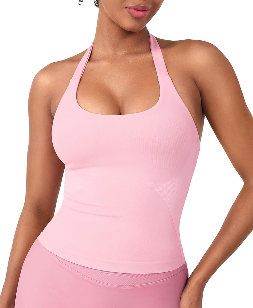 HIGORUN Halter Impact Tank Tops for Women Y2K Workout Longline Crop Tops with Built in Bras Open ... | Amazon (US)