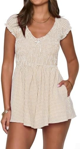 Summer Gingham Romper for Women 2025 Dressy Casual Beach Vacation Short Plaid Smocked Jumpsuit | Amazon (US)