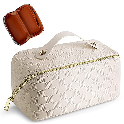 Cessfle Large Capacity Travel Cosmetic Bag, Boho Purple Makeup Bag Waterproof Leather Travel Toiletry Bag Woven Open Flat Makeup Organizer Bag | Amazon (US)