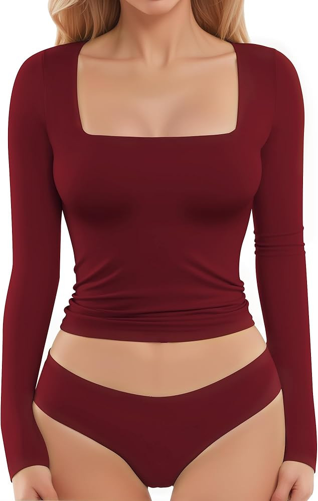 MANGOPOP Women's Double Lined Long Sleeve Tops Square Neck T Shirts Fitted Basic Tee | Amazon (US)