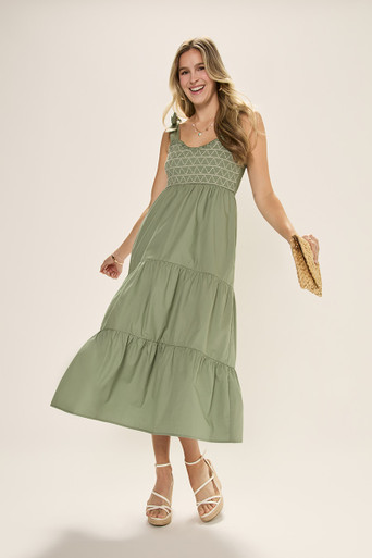 Emma Smocked Tie Strap Midi Dress | Francesca's