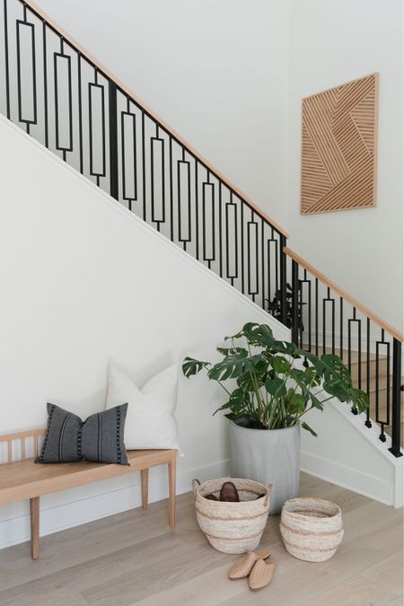 Light and bright entryway with wooden bench, throw pillows, planters, art, baskets, mirror, and plants!

Home decor, entryway, bench, pillows, hooks, wall mirror, pegs.

#LTKhome #LTKunder100 #LTKunder50