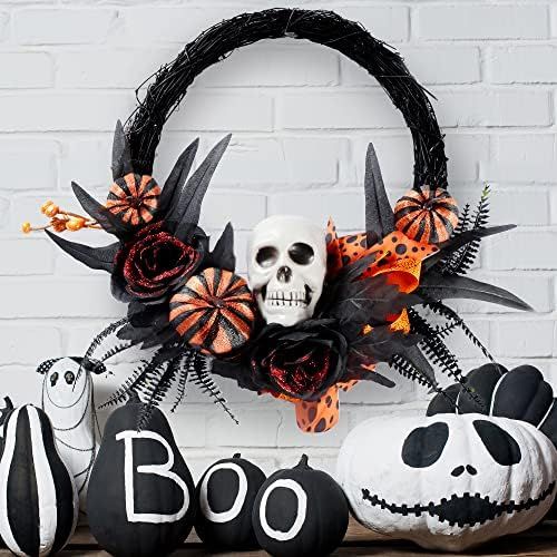 Sggvecsy Halloween Wreath Artificial Skull Wreath Handmade Black Grapevine Wreath with Pumpkin Rose  | Amazon (US)