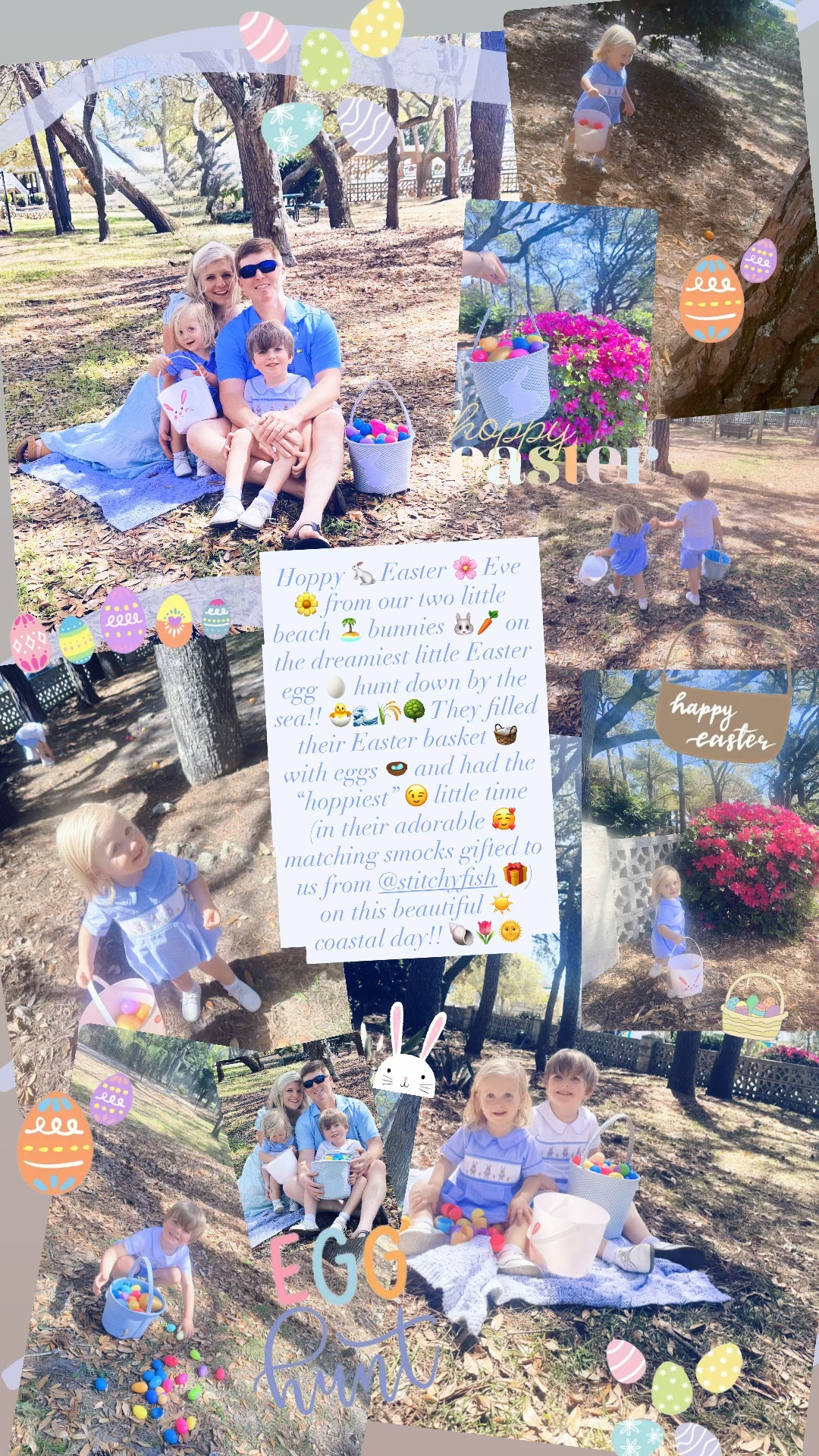 Hoppy 🐇 Easter 🌸 Eve 🌼 from our two little beach 🏝️ bunnies 🐰🥕 on the dreamiest little Easter egg 🥚 hunt down by the sea!! 🐣🌊🌾🌳 They filled their Easter basket 🧺 with eggs 🪺 and had the “hoppiest” 😉 little time (in their adorable 🥰 matching smocks gifted to us from @stitchyfish 🎁) on this beautiful ☀️ coastal day!! 🐚🌷🌞