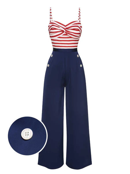 Dark Blue 1930s Spaghetti Strap Stripes Jumpsuit | Retro Stage