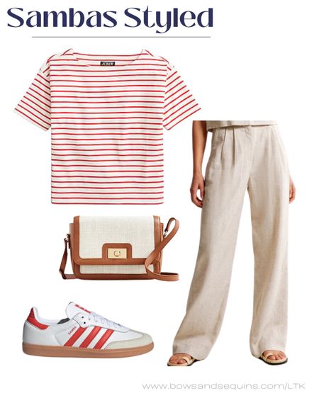 A cute summer outfit for casual Friday or brunch on the weekend. Red striped shirt, neutral linen trousers, Adidas sambas, and a cute crossbody bag. 

#LTKfindsunder100 #LTKstyletip #LTKSeasonal