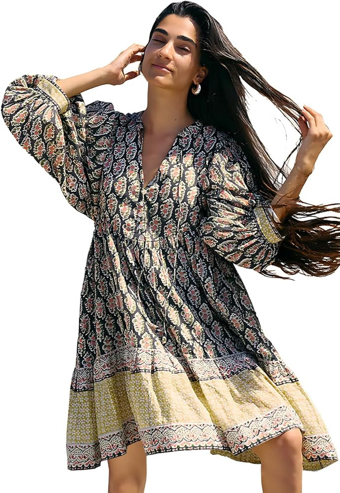 Casual Summer Dresses for Women Boho Vacation V Neck Babydoll Patchwork Floral Puff Sleeve Flowy ... | Amazon (US)