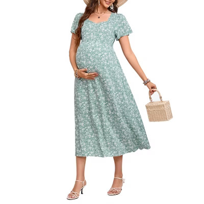 Women's Maternity Floral Midi Dress Summer Short Sleeve Sweetheart Boho Tie Back Casual Dress Photoshoot Baby Shower Green Floral XL | Target