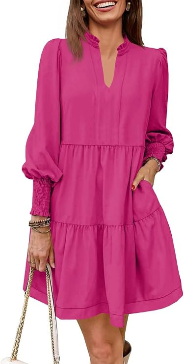 Imily Bela Womens Fall Long Sleeve Tunic Dress Casual V Neck Tiered Dress | Amazon (US)