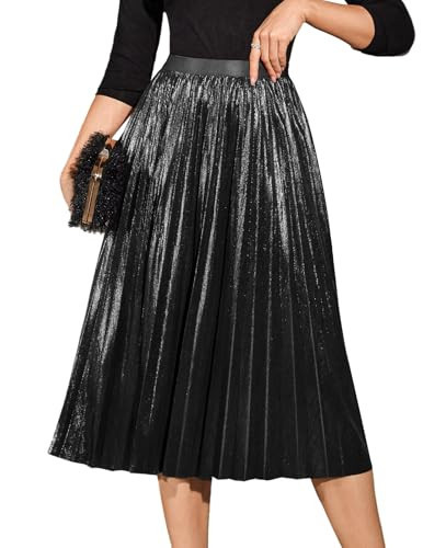 DRESSTELLS Black Pleated Midi Skirts for Women, Fall Aline Metallic Shiny Long Elastic High Waisted Shirring Swing Holiday Party Skirt 2025 L | Amazon (US)