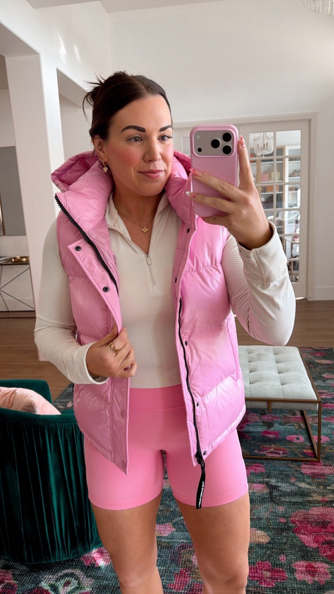 curvy midsize workout look! wearing size large on half zip, size large in sports bra, size large in pink 5” shorts, and size medium in pink puffer vest 💕 

#LTKMidsize #LTKfitnessgoals #LTKActive