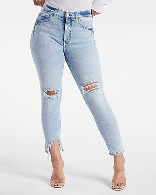 High Waisted Light Wash Ankle Detail Cropped Skinny Jeans | Express