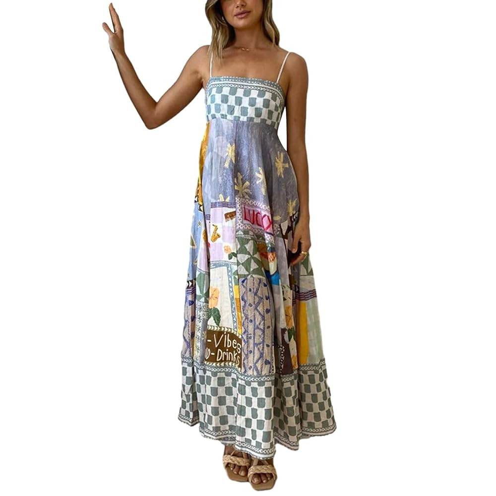 Women Cute Print Maxi Cami Dress Loose Sleeveless Spaghetti Strap Boho Dress Flowy Graffiti Long ... | Amazon (US)