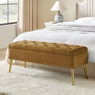 Hippolytus Classic Golden 45.5 in. Polyester Button-Tufted Storage Bedroom Bench with Nailhead Trim | The Home Depot