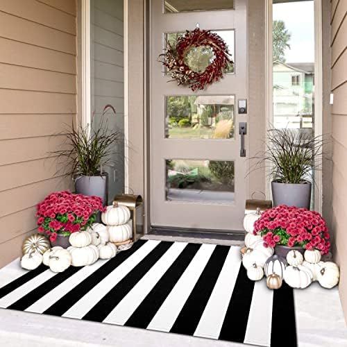 Amazon.com : iOhouze Cotton Black and White Striped Rug 3x5 Outdoor Doormat Washable Woven Front ... | Amazon (US)
