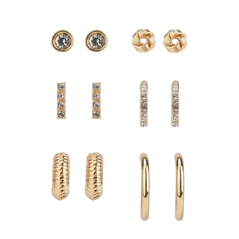 Time and Tru Adult Women's Gold Tone 6 Pair Stud and Hoop Crystal Metal Earring Set | Walmart (US)