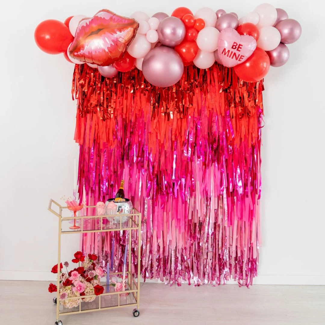 Valentine's Party Decor Kit, Valentines' Day Fringe Backdrop & Balloon Arch, Red and Pink Balloon... | Etsy (US)