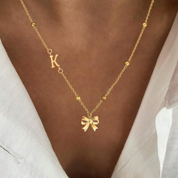 1pc New Gold Letter Bow Pendant Stainless Steel Beaded Chain Necklace For Women | SHEIN