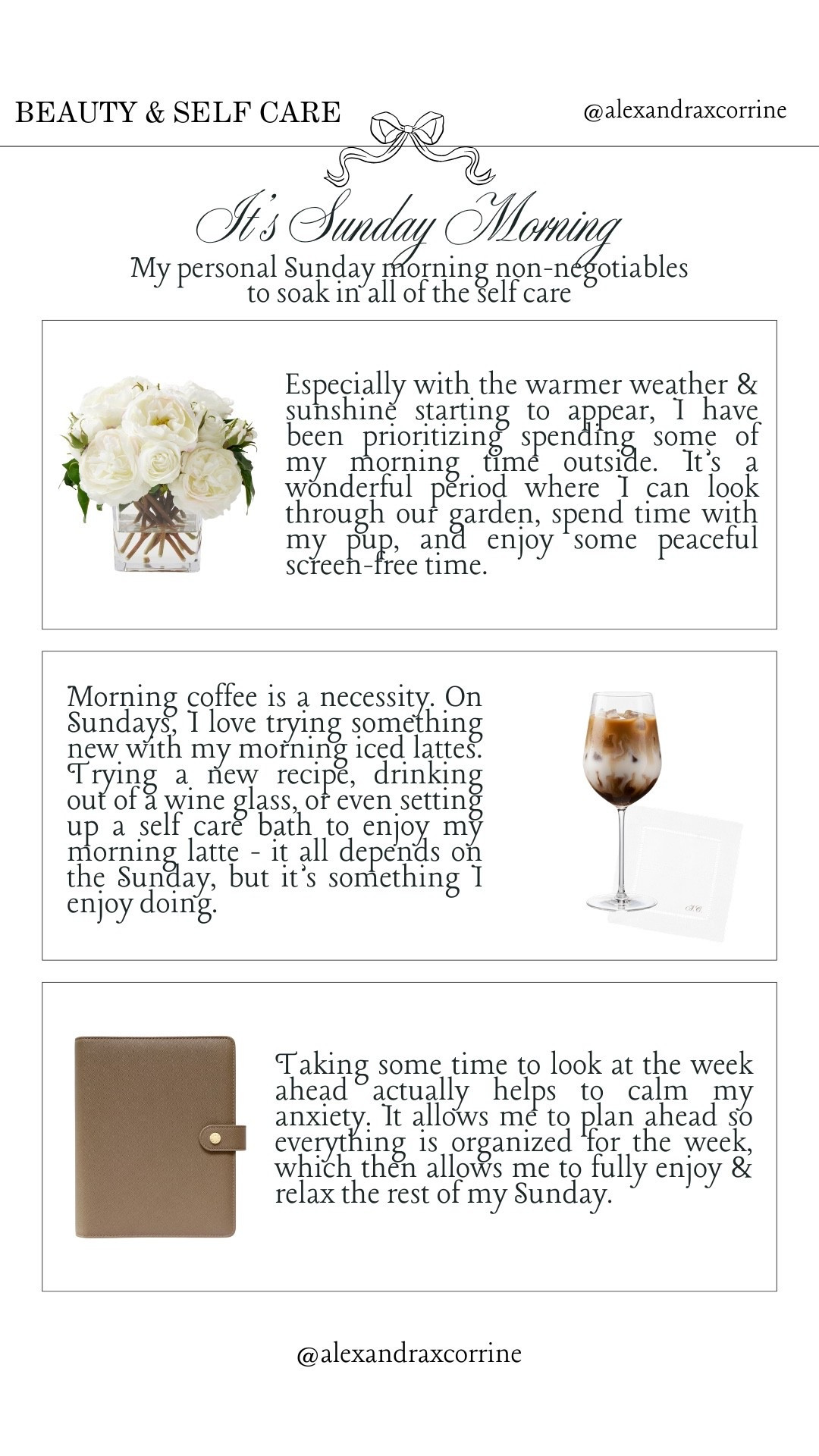 It’s Sunday morning ☕️ My personal Sunday morning non-negotiables to soak in all of the self care 🩰🤍

Self care Sunday, Sunday morning routine, self care aesthetic, chic elegant lifestyle, flowers, floral arrangements, glassware, wine glass, agenda, planner

#LTKmorningroutine #LTKselfcare