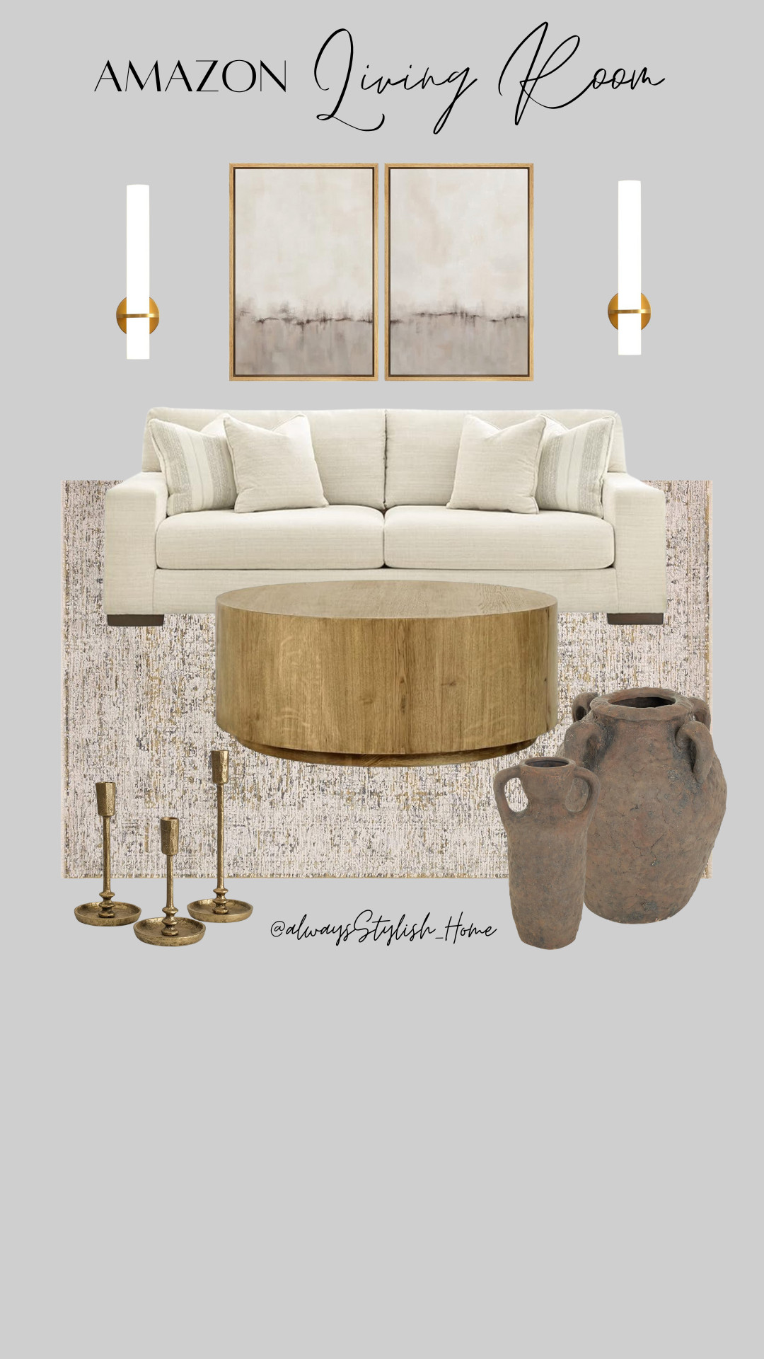 Neutral Living Room finds, modern organic home decor, ivory sofa, gold candlesticks, modern wall art, gold sconce, wood drum coffee table, organic vases, neutral rug | Amazon (US)