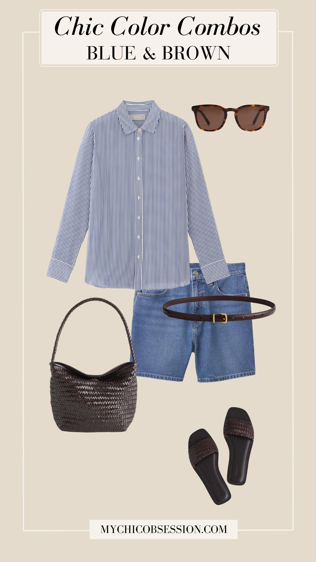 You can't go wrong with a classic blue and brown color combination for summer or spring outfits. Try pairing a striped blue button-down with a brown woven bag from Madewell, denim shorts, and brown sandals for an effortlessly chic look. 

 #LTKSeasonal #LTKStyleTip #LTKShoeCrush