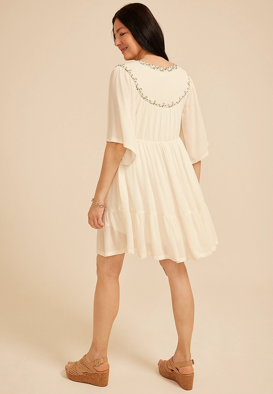 White Embroidered Notch Neck Mini Dress | Maurices