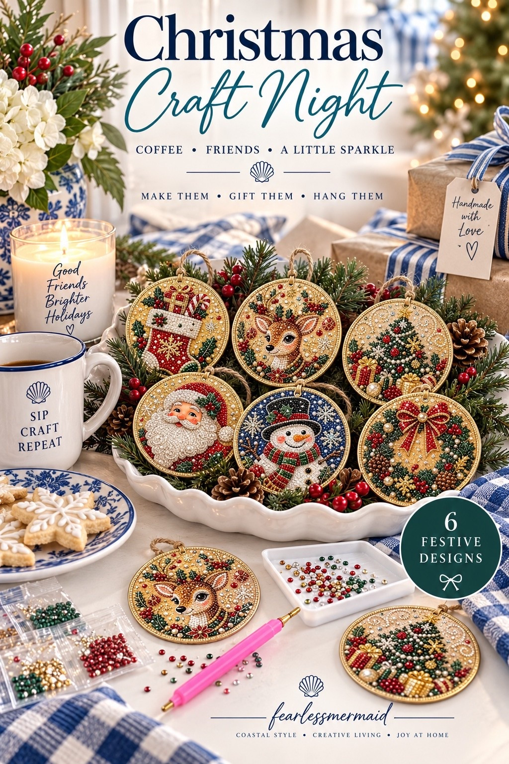 Set of six sparkling DIY Christmas diamond art ornaments featuring Santa, snowman, reindeer, Christmas tree, stocking and wreath designs for holiday crafting and gift giving.