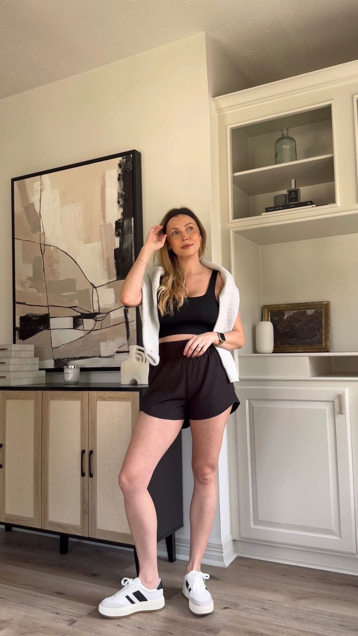 Athleisure outfit for spring and summer | wearing a size M in running shorts, sports bra tank, and cardigan, sneakers tts. 

#LTKShoeCrush #LTKStyleTip #LTKSeasonal