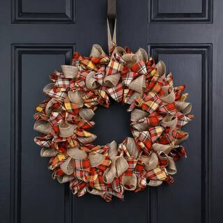 Glitzhome 18.5 in. Artificial Dia Fall Fabric Plaid Wreath 2005500067 - The Home Depot | The Home Depot