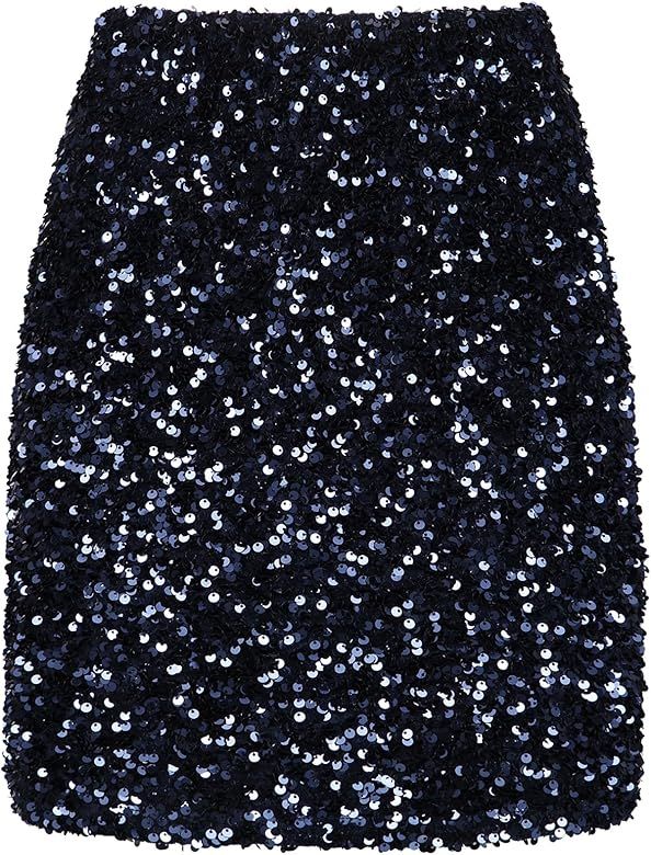 REEMONDE Women's Sequin Skirt Sparkle Stretchy Bodycon Mini Skirts Night Out Party | Amazon (US)