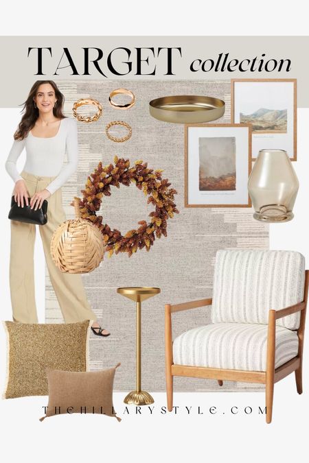 Target Collection: fall fashion and home decor finds from Target: white body suit, trousers, black handbag, gold ring set, neutral area rug, striped accent chair, gold cocktail table, fall wreath, framed art set, glass vase, brass tray, faux pumpkin, accent pillow, tweed pillow, fall pillow. Fall fashion, fall outfit, work or office outfit, fall home decor, fall refresh.

#LTKhome #LTKstyletip #LTKSeasonal