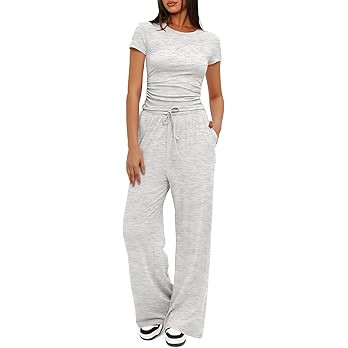 Darong Women's 2 Piece Set Outfits Lounge Sets Ruched Short Sleeve Tops High Waisted Wide Leg Pan... | Amazon (US)