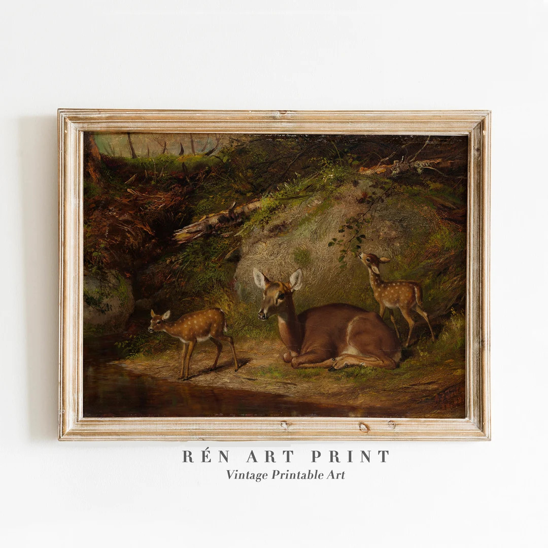 Vintage Deer Print | Doe and Fawn Painting Printable Wall Art | Farmhouse Wall Decor | Antique An... | Etsy (US)