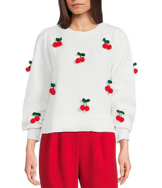 3D Cherry Long Puff Sleeve Sweater | Dillard's