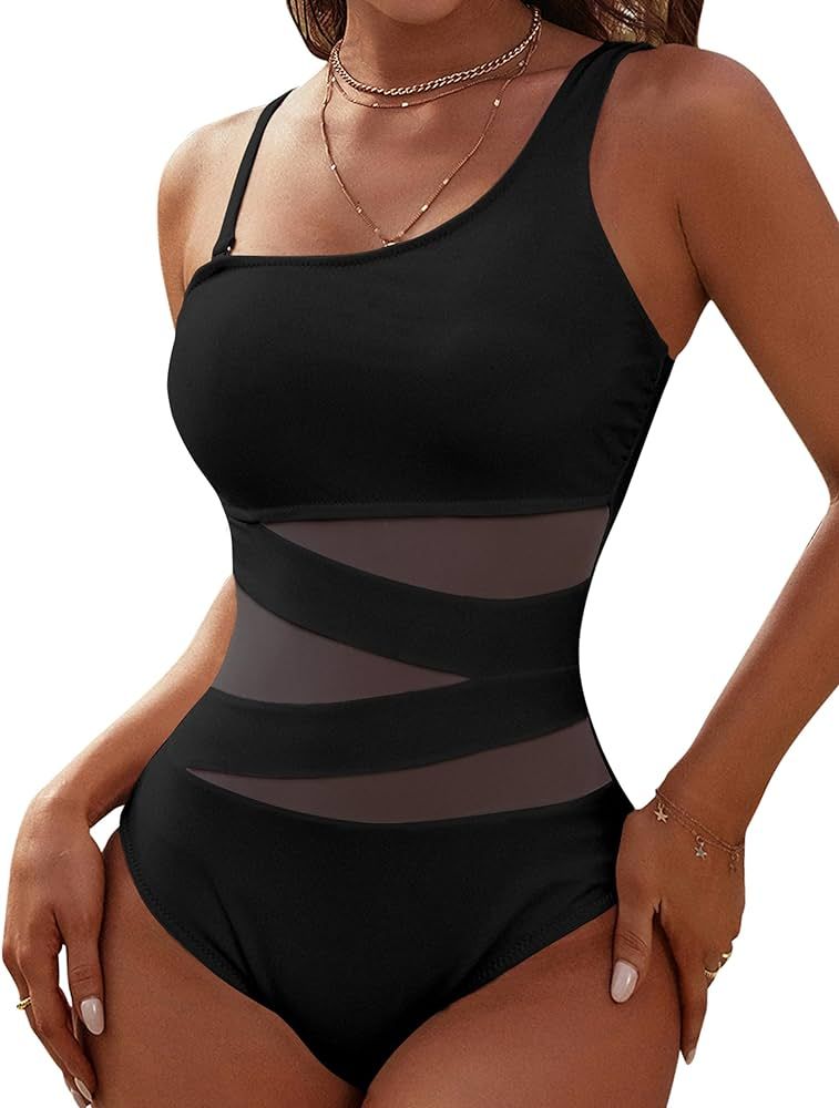 Blooming Jelly Women's Sexy One Piece Bathing Suits One Shoulder Swimsuits Slimming Mesh Swimwear | Amazon (US)