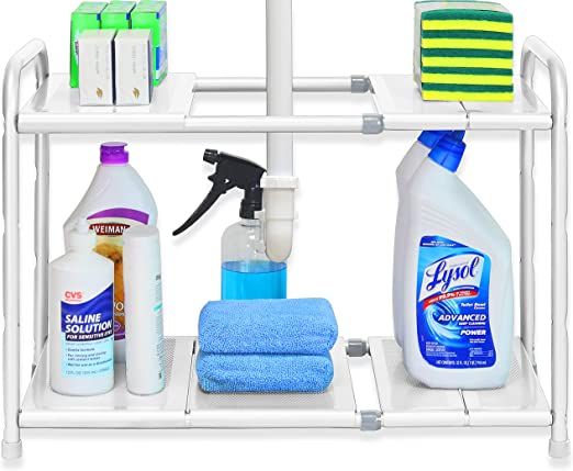 Simple Houseware Under Sink 2 Tier Expandable Shelf Organizer Rack, White (Expand from 15 to 25 i... | Amazon (US)