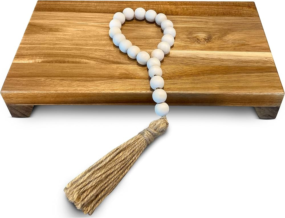 Natural Acacia Wood Pedestal Stand | Wood Riser with Decorative Beads | Kitchen Counter Decor | S... | Amazon (US)
